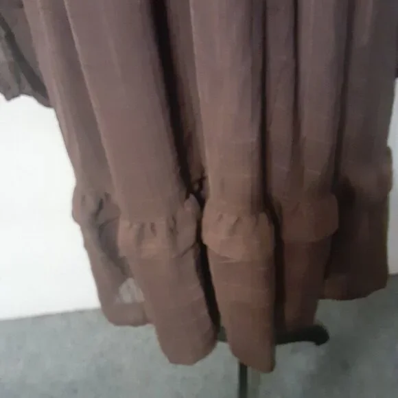By The River (S)  Brown Maxi Dress w/V Neck, Long Sleeves, Ruffle Hem. - Picture 4 of 5